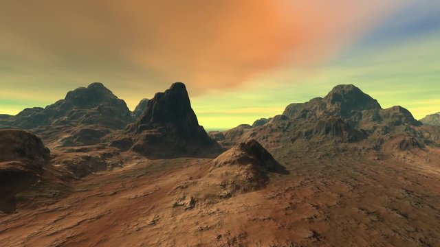 Desert, a martian landscape, mountains, stones, rocks and a colored sky.