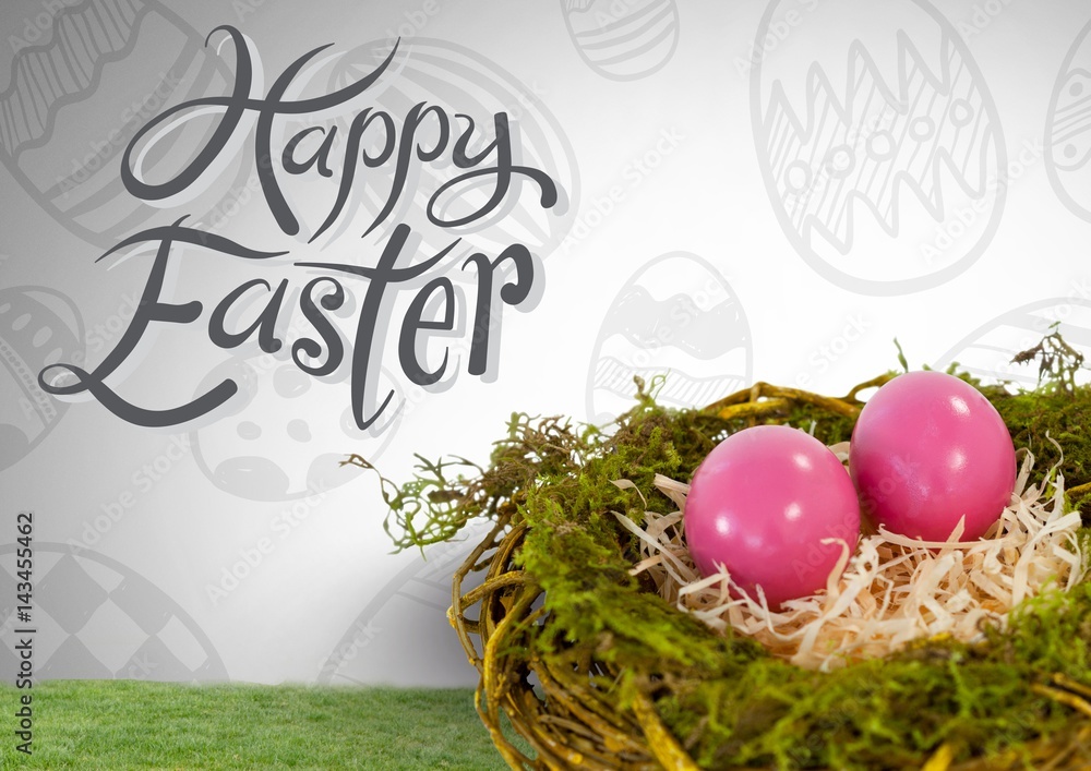 Poster happy easter text with easter eggs in nest in front of pattern