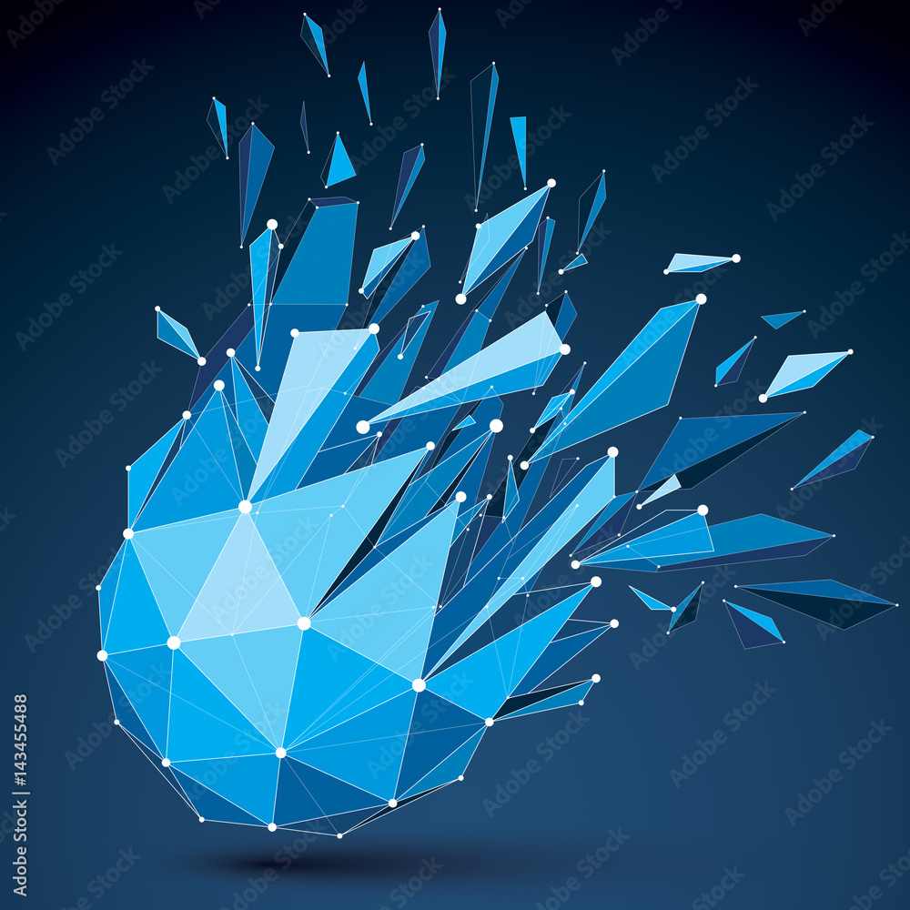 Poster abstract 3d origami figure with connected white lines and dots. vector low poly shattered design ele