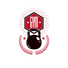 Bodybuilding weightlifting gym logotype sport template, vintage style vector emblem. With kettlebell.