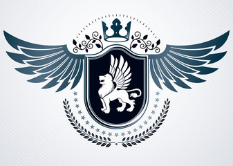 Vintage heraldry design template, vector emblem created using eagle wings, wild lion illustration and monarch crown.