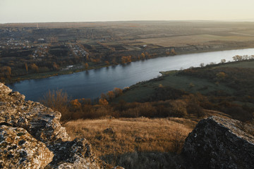 Two banks of the river at sunset