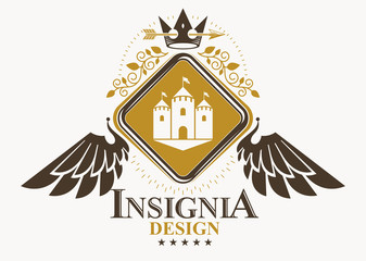 Heraldic sign made using vector vintage elements, medieval castle and royal crown