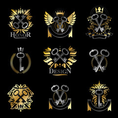 Obraz premium Old Turnkey Keys emblems set. Heraldic vector design elements collection. Retro style label, heraldry logo.