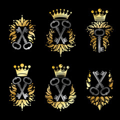 Ancient Keys emblems set. Heraldic Coat of Arms decorative logos isolated vector illustrations collection.