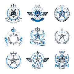 Fototapeta na wymiar Pentagonal Stars emblems set. Heraldic Coat of Arms, vintage vector logos collection.