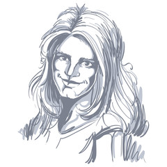 Vector drawing of bemused woman with stylish haircut. Black and white portrait of attractive tender lady, art image.