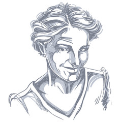 Monochrome vector hand-drawn image, skeptic young woman. Black and white illustration of tricky girl with short hair.