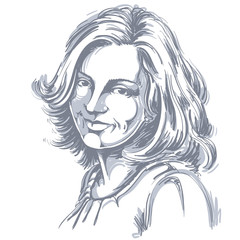Hand-drawn portrait of white-skin smiling woman, face emotions theme illustration. Beautiful lady posing on white background.