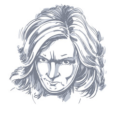 Vector portrait of angry woman with wrinkles on her forehead, illustration of good-looking but irate female. Person emotional face expression.