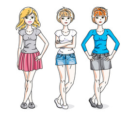 Happy cute young women group standing wearing casual clothes. Vector set of beautiful people illustrations.