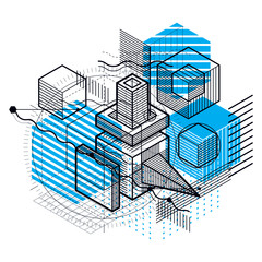Vector background with abstract isometric lines and figures. Template made with cubes, hexagons, squares, rectangles and different abstract elements.
