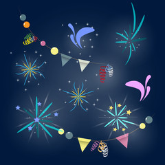 Fototapeta na wymiar Fireworks in cartoon style, stars, night sky, explosions, bright celebration at the festival, wedding, birthday.
