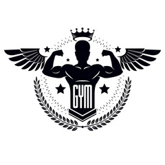 Gym and fitness logo template, retro stylized vector emblem or badge with wings. With bodybuilder silhouette.