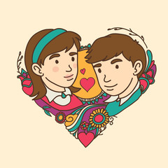 Vector illustration of a happy young couple in heart shape for Valentine's day