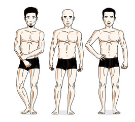 Handsome men group standing in black underwear. Vector characters set.