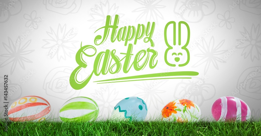 Poster happy easter text with easter eggs in front of pattern