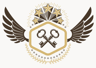 Heraldic Coat of Arms decorative emblem, vector illustration of keys and pentagonal stars