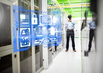 Man wearing VR Virtual Reality Headset with Interface