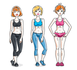 Happy young women posing wearing stylish sport clothes, sportswoman and fitness people. Vector set of beautiful people illustrations.