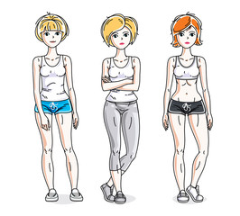 Happy young women posing wearing stylish sport clothes, sportswoman and fitness people. Vector set of beautiful people illustrations. Lifestyle theme fem characters.