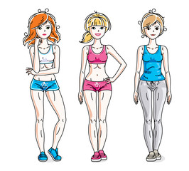Happy young women posing wearing stylish sport clothes, sportswoman and fitness people. Vector set of beautiful people illustrations. Lifestyle theme fem characters.
