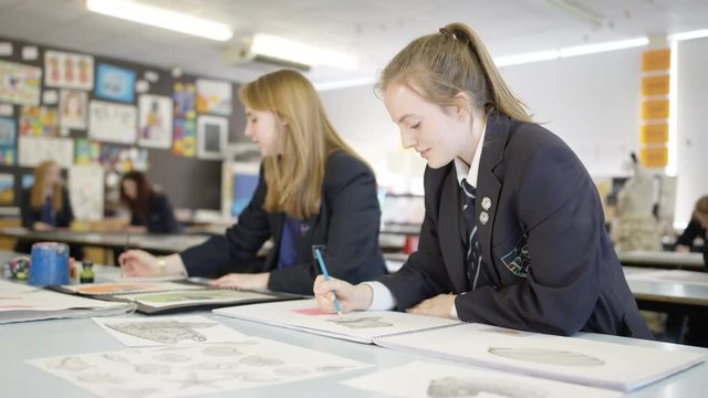  Cheerful teen girls working side by side in school art class