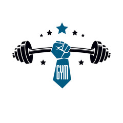 Gym weightlifting and fitness sport club logo, retro stylized vector emblem or badge. With barbell and strong hand fist.