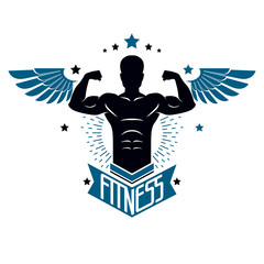 Fitness and heavyweight gym sport club logotype template, retro style vector emblem with wings. With sportsman silhouette.