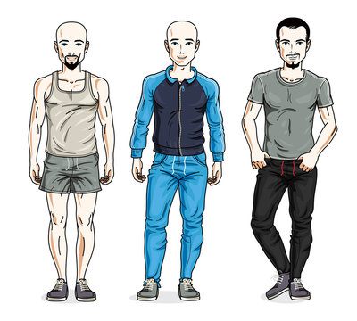 Confident handsome men group standing wearing stylish sport clothes. Vector people illustrations set. Lifestyle theme male characters.