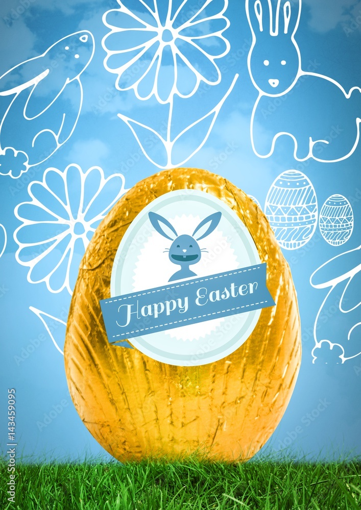 Poster happy easter text with easter egg in front of pattern
