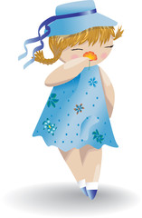 Girl in blue dress and hat with a flower