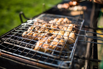 Grilling marinated shashlik on a grill. Shashlik is a form of Shish kebab popular in Eastern, Central Europe and other places.