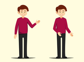 boy standing in different poses vector illustration isolated on background elements. teenager demonstrates different hand gestures in flat style