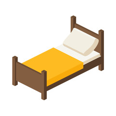 wooden bed for one person in an isometric view. place to sleep with a pillow and a blanket in a flat style. vector illustration isolated on white background - obrazy, fototapety, plakaty