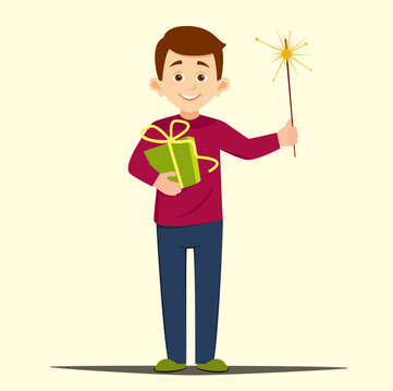 holiday concept, cartoon boy holding a gift and burning Sparkler vector illustration of isolated layers on a light background