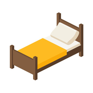 wooden bed for one person in an isometric view. place to sleep with a pillow and a blanket in a flat style. vector illustration isolated on white background