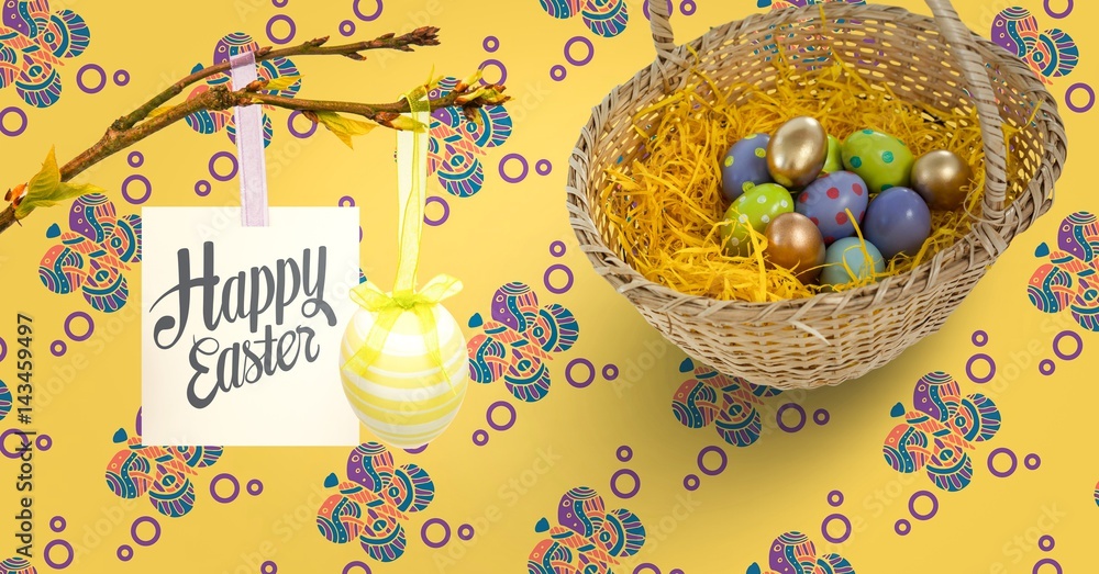 Poster happy easter text with easter eggs in front of pattern
