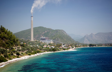 Scenic view of Kemerköy thermal power plant Ören Gökova Bay Turkey