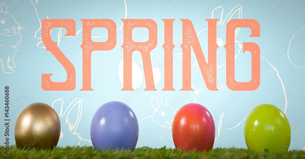 Poster spring text easter eggs in front of pattern