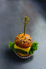 Delicious mini cheeseburger on gray background. Selective focus