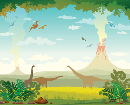 Prehistoric landscape with volcanos and dinosaurs.