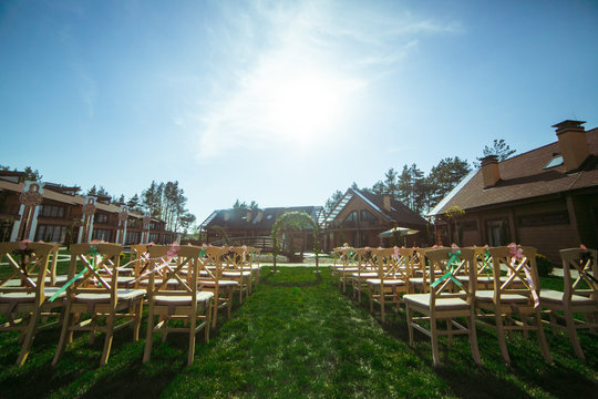 The wedding arcway and chairs are for ceremony
