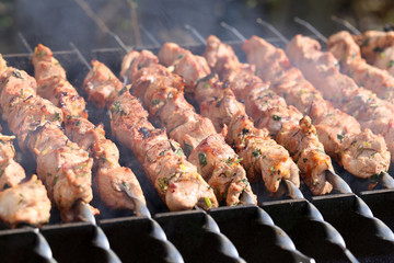 Meat is grilled / Schaschlik / Barbecue cooking