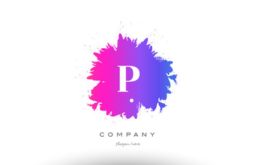 P purple magenta splash alphabet letter logo icon design
