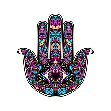 multicolor hand drawn illustration of a hamsa hand symbol. Hand of Fatima religious sign with all seeing eye. Vintage boho style. Vector illustration in doodle zen tangle style