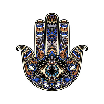 multicolor hand drawn illustration of a hamsa hand symbol. Hand of Fatima religious sign with all seeing eye. Vintage boho style. Vector illustration in doodle zen tangle style