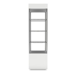 Empty showcase with glass shelves for exhibit. 3D render illustration isolated on white background. Trade show booth blank pedestal for expo design.