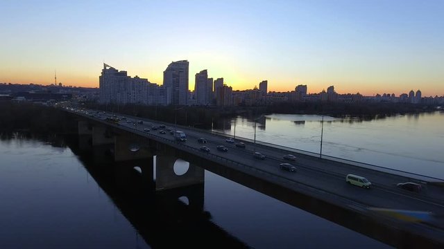 Kiev, Ukraine. Aerial view of Road bridge - Moscow Bridge over Dnieper river.