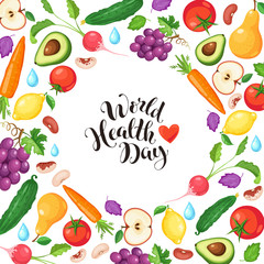 World health day poster with fresh fruits and vegetables isolated on white background. Circle composition from food.